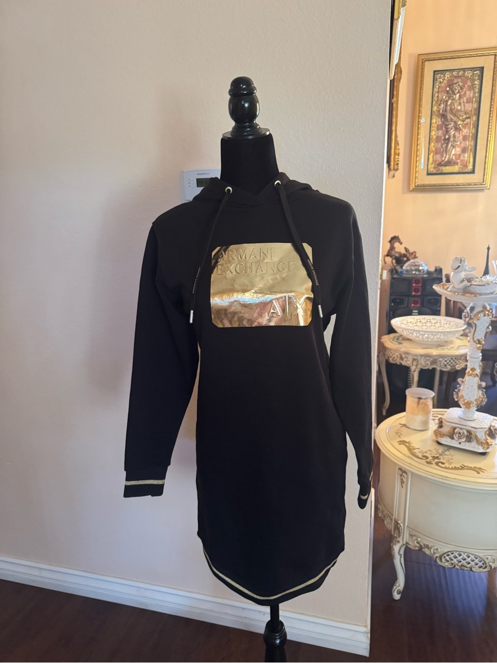 A/X Armani Exchange Black Hooded Logo Print Sweatshirt Dress New Size XS